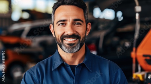 Joyful car specialist looks directly at the camera with a beaming smile.