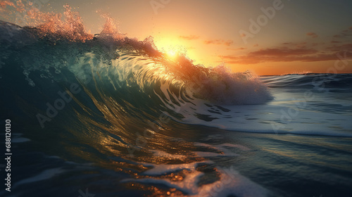 Storm at sea and ocean. Ocean waves. Big waves. Sunset. © Vladimir