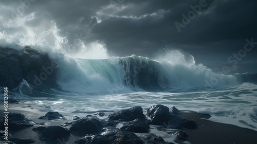 Storm at sea and ocean. Ocean waves. Big waves. Rocks photo