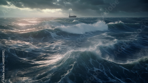 Storm at sea and ocean. Ocean waves. Big waves. Ship