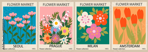Set of abstract Flower Market posters. Trendy botanical wall arts with floral design in bright colors. Modern naive funky interior decorations. Vector art illustration