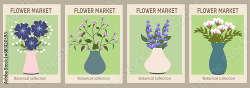  Set of botanical posters with different flowers. Botanical wall art collection, vintage poster aesthetic. Poster for postcards, wall art, banner, background, for printing. Vector art illustration