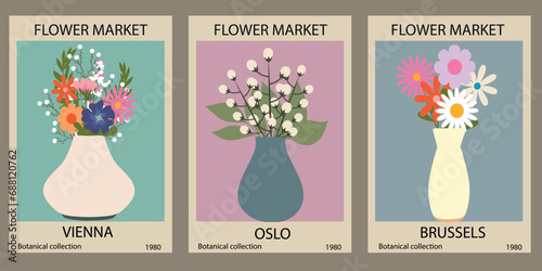 Set of posters with different flowers. Modern style, trendy pastel colors. Abstract daisy, poppy, marigold flowers. Vector colorful illustrations, perfect for wall art, cards, covers. Vector 