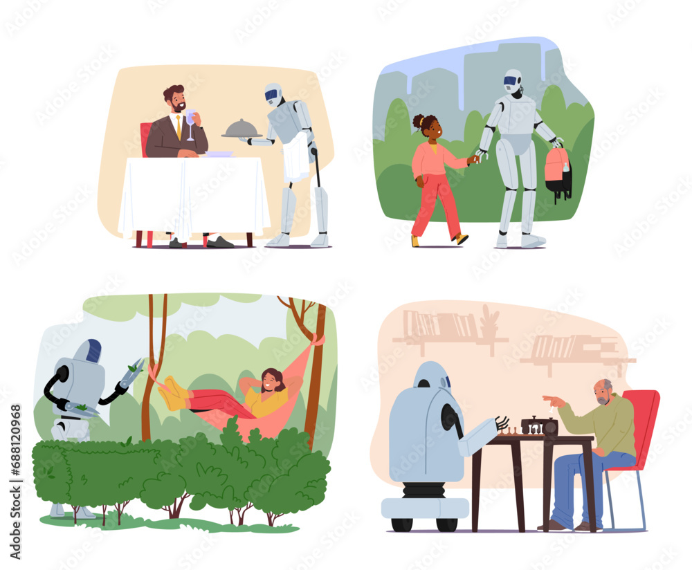 Futuristic Robots Execute Daily Human Routines, Serving In Restaurant, Walk With Kids, Gardening And Playing Chess