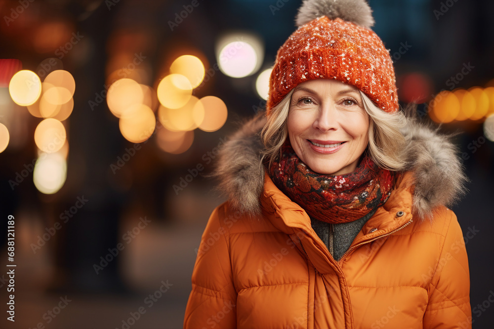 Generative AI portrait of attractive elderly woman standing over new year decorations snowy city winter fair Generative AI portrait of attractive elderly woman standing over new year decorations snowy city winter fair