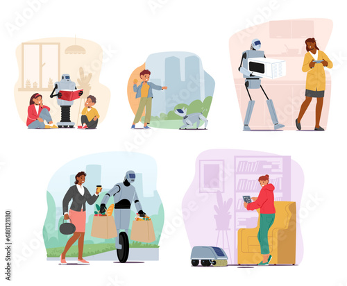 Futuristic Robots Execute Daily Human Routines, Reading To Kids, Helping Characters With Shopping, Household Chores
