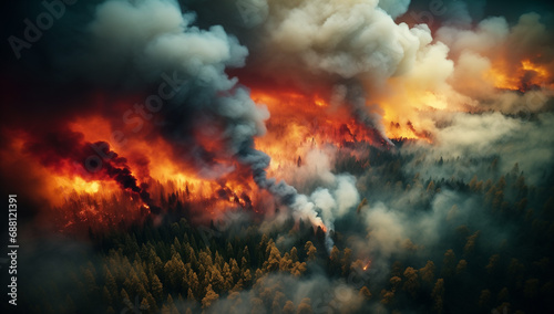 Intense Wildfire Engulfing the Forest in a Blaze of Flames and Smoke  a Devastating Force of Nature Captured in a Gripping Image of Environmental Impact and the Urgency for Conservation Efforts