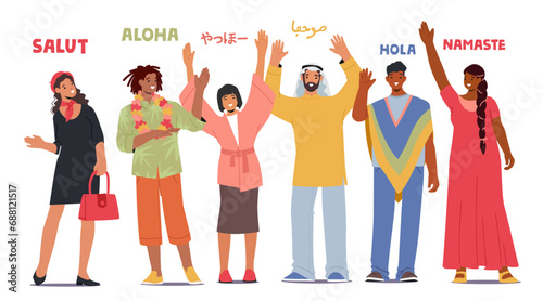 Diverse Characters Exchanging Greetings, Expressing Goodwill In A Myriad Of Languages, Fostering Unity