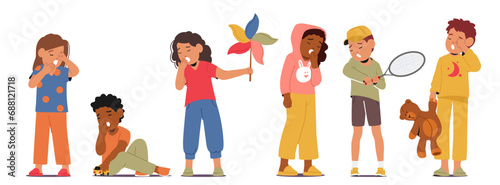 Exhausted Sleepy Children Characters With Drooping Eyelids, Yawn In Unison, Their Energy Spent. Slumber Beckons