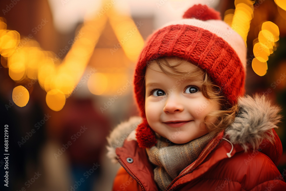 Generative AI portrait of small funny child believe in santa claus waiting christmas gifts presents
