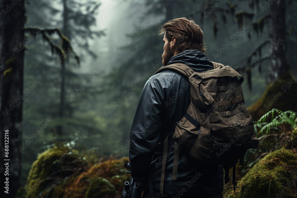 Generative ai picture of handsome nice man exploring wild nature walking in forest Generative ai picture of handsome nice man exploring wild nature walking in forest