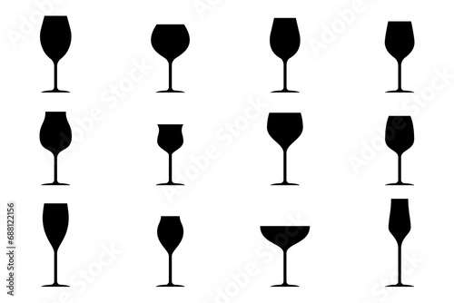 Glass wine silhouettes set. Alcohol coctail drink glass. Vector illustration.