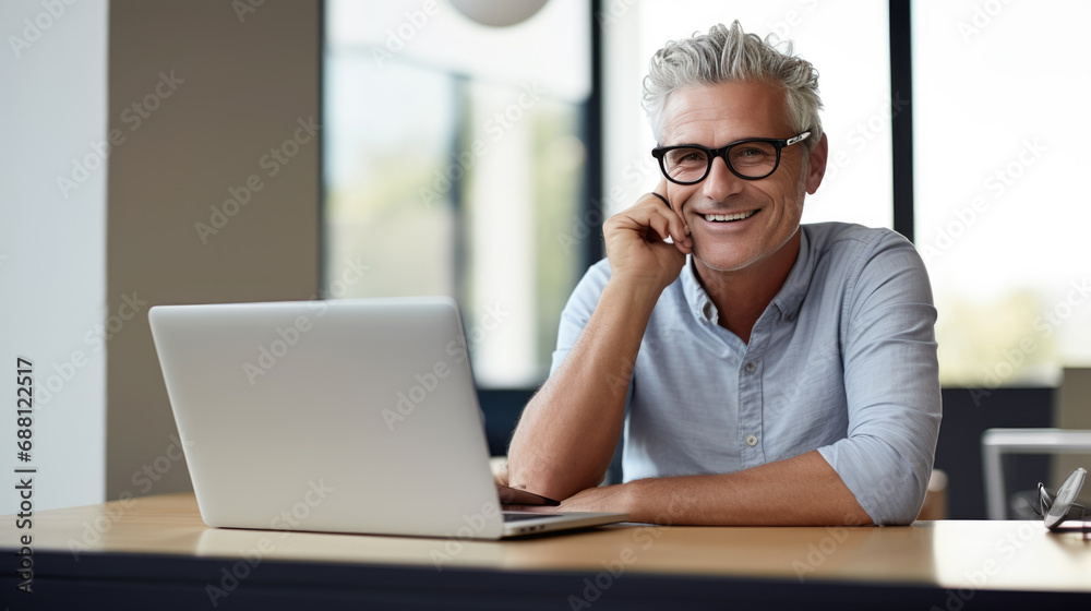 Middle aged man working on a laptop in his modern office