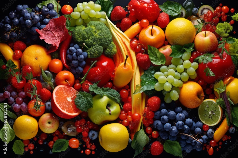 Fresh various of fruits and vegetables on black background. Healthy food concept. Top view.