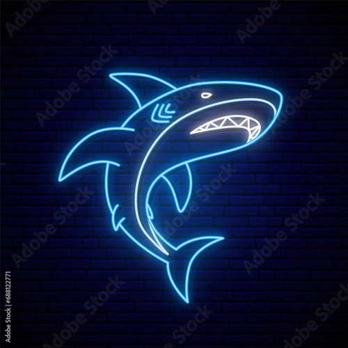 Blue neon glowing shark. Icon of predatory shark with an open mouth.