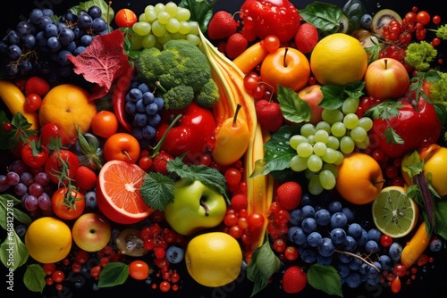 Fresh various of fruits and vegetables on black background. Healthy food concept. Top view. © Zuyu