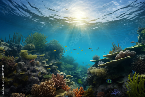 Animals of the underwater sea world. Ecosystem. Colorful tropical fish  Life in the coral reef