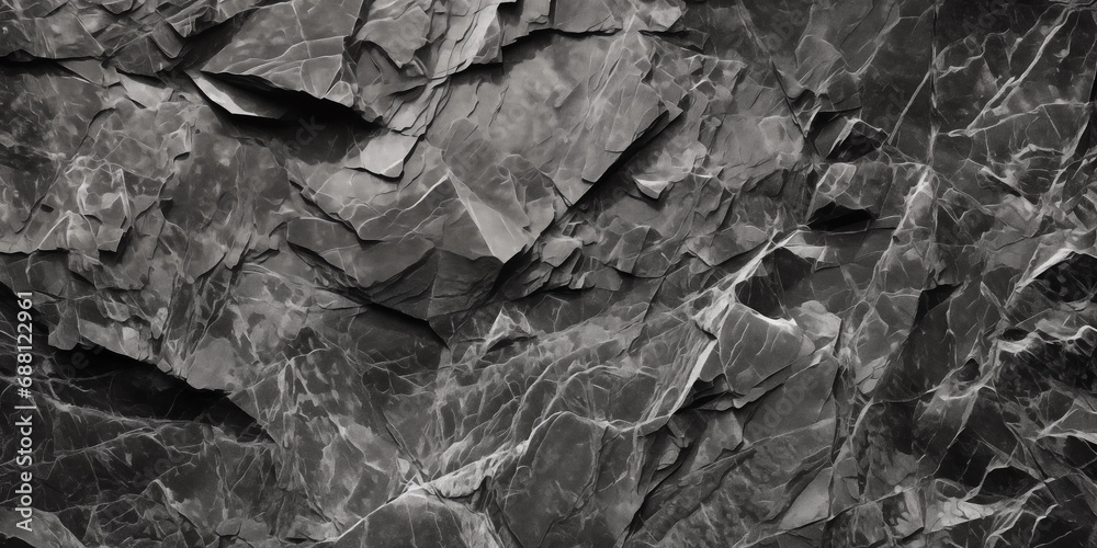 Black white rock texture. Dark gray stone granite background for design. Rough cracked mountain surface. 