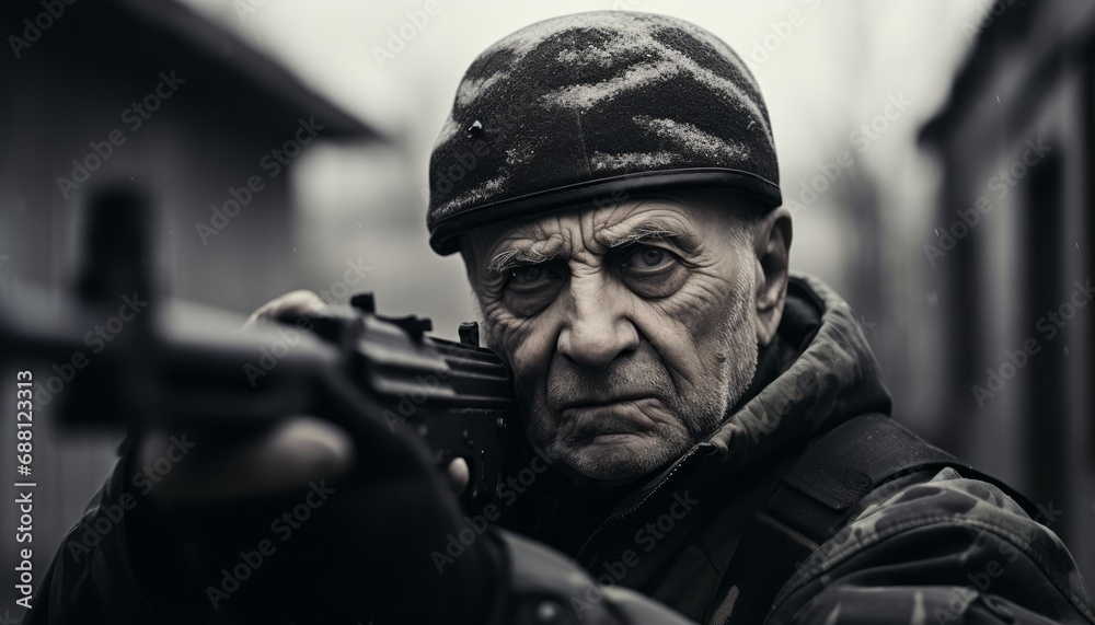 Silent Valor: Black & White Portrait of a War Veteran Holding Gun