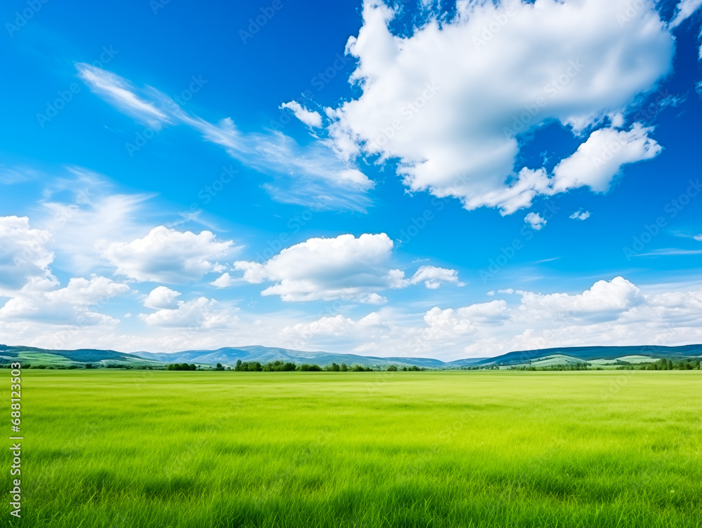 Fototapeta premium Panoramic natural landscape with green grass field and blue sky with clouds