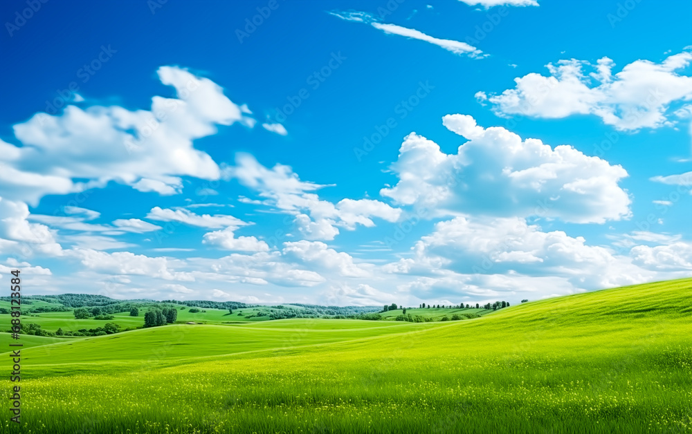 Panoramic natural landscape with green grass field and blue sky with clouds Panoramic natural landscape with green grass field and blue sky with clouds