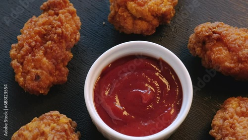 Fried chicken strips with sauce on a black table. Top view.
