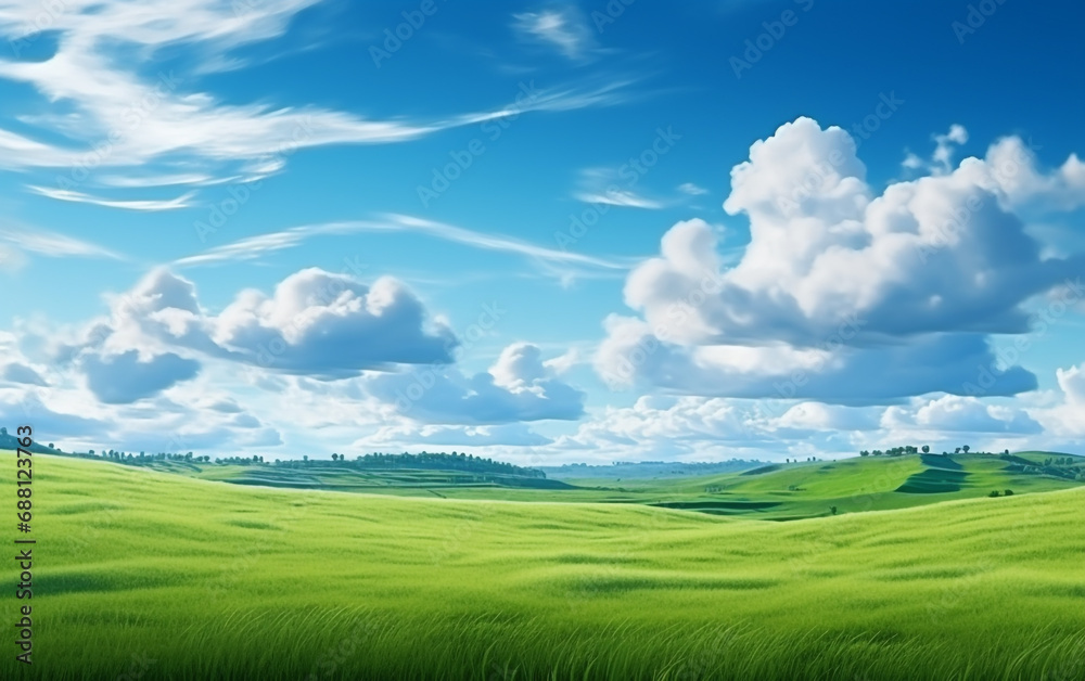 Fototapeta premium Panoramic natural landscape with green grass field and blue sky with clouds