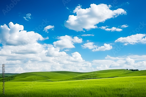 Panoramic natural landscape with green grass field and blue sky with clouds
