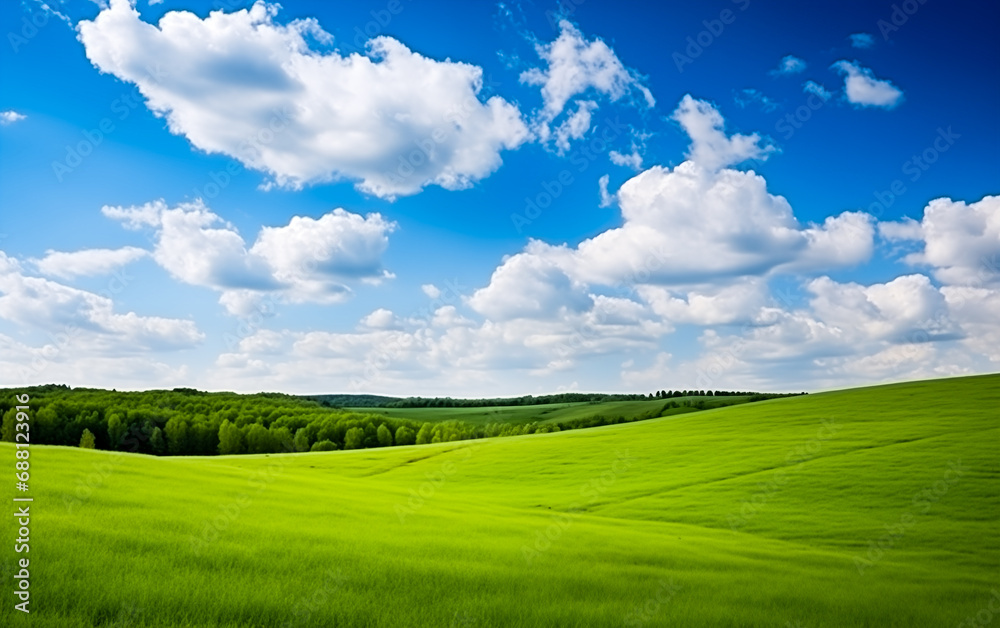Panoramic natural landscape with green grass field and blue sky with clouds Panoramic natural landscape with green grass field and blue sky with clouds