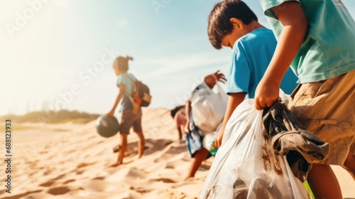 A group of eco-friendly kids is cleaning up the beach by collecting plastic bottles in a large bag.