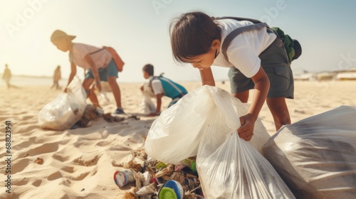 Children who want to protect the ocean are gathering plastic bottles from the beach and putting them in a bag. photo