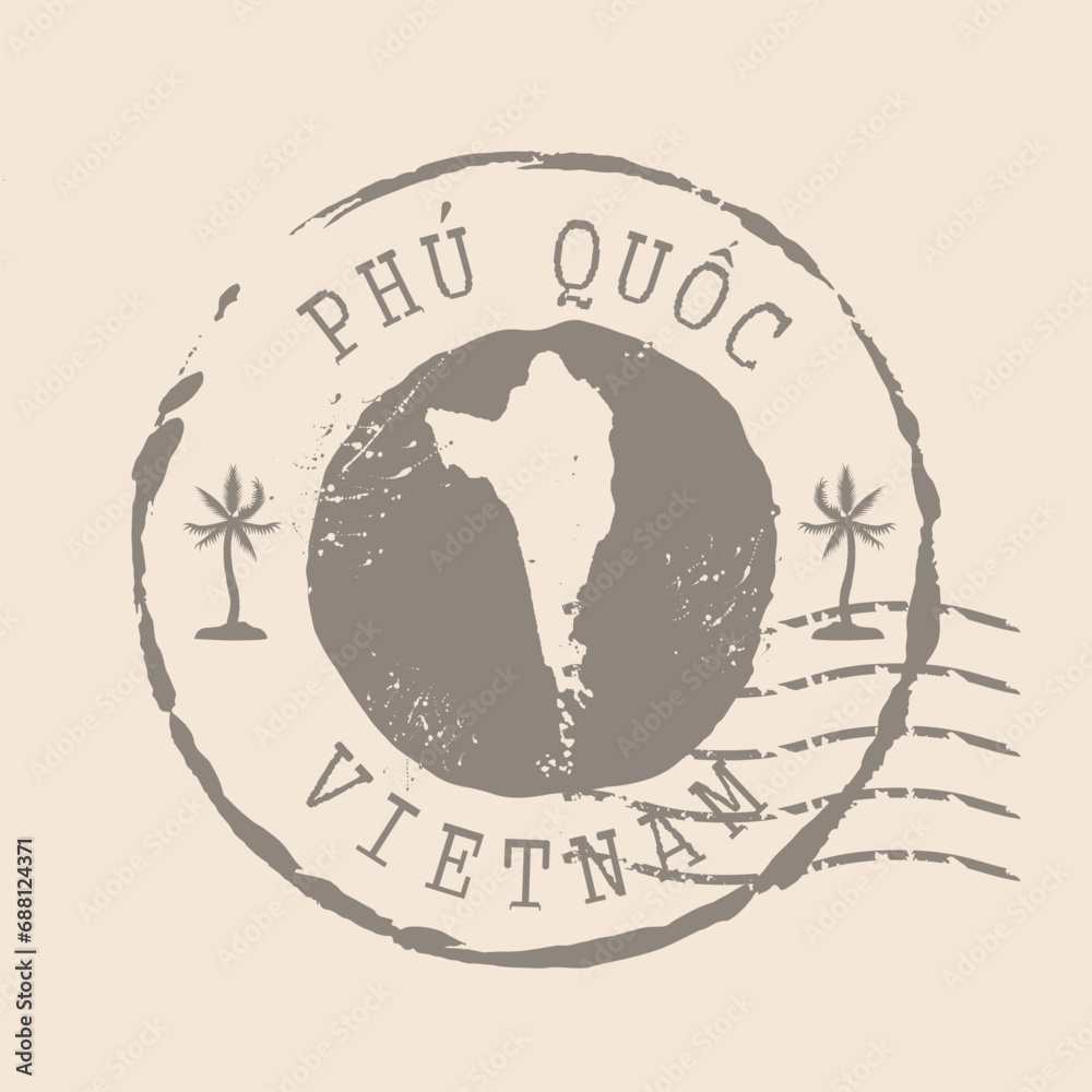 Stamp Postal of Phu Quoc island. Map Silhouette rubber Seal. Design Retro Travel. Seal Map Phu Quoc of Vietnam grunge for your design. EPS10 Stamp Postal of Phu Quoc island. Map Silhouette rubber Seal. Design Retro Travel. Seal Map Phu Quoc of Vietnam grunge for your design. EPS10