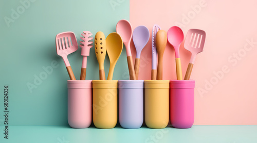 Vertical view of wooden kitchen spoons in a plastic coffee pot on dark wall photo