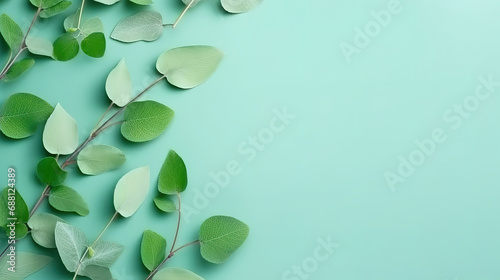 Natural eucalyptus leaves on mint pastel green background, Flat lay floral composition photo