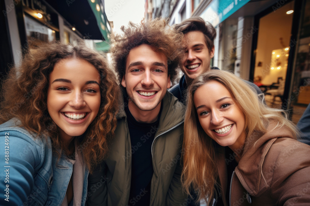 Group of friends taking a selfie photo smiling at the camera. close-up of boys and girls enjoying a vacation in autumn. concept of positivity, friendship and relationships. Generative ai