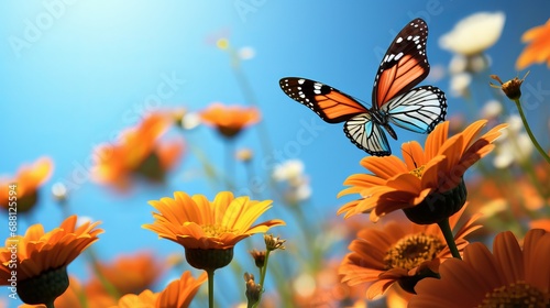 A 3d illustration depicts beautiful multicolored butterflies flying around orange flowers and greenery against a blue sky.