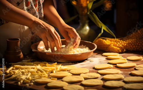 Manos latinas de cocineras mexicanas haciendo tortillas de maiz artesanal 