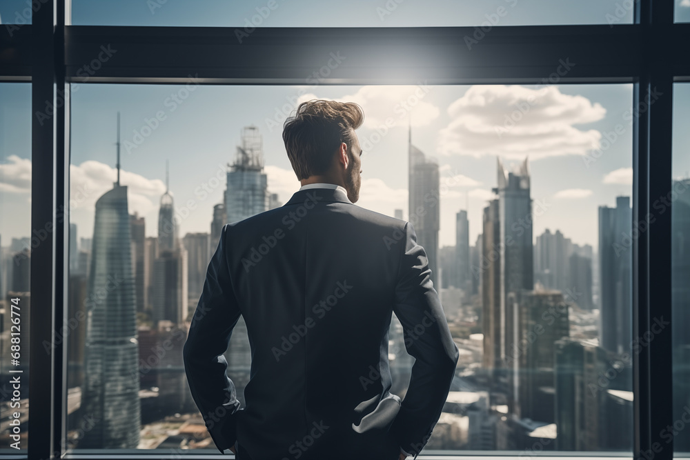 Young businessman standing in front of an office window, overlooking the city skyline Young businessman standing in front of an office window, overlooking the city skyline