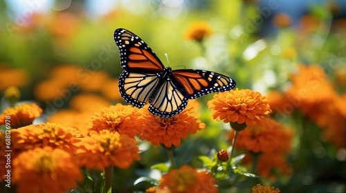 In an outdoor flower garden, there is a beautiful orange monarch butterfly. © Elshad