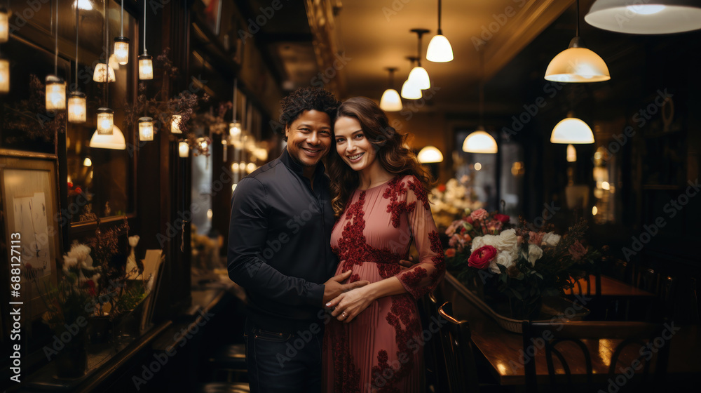 Pregnant woman in red dress with her husband in the restaurant, multiethnic couple expecting feeling baby movement. Pregnant woman in red dress with her husband in the restaurant, multiethnic couple expecting feeling baby movement.