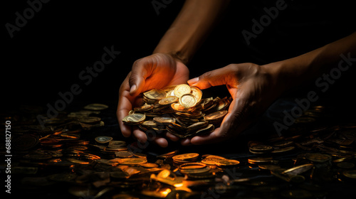 Close up of man hands holding gold coin on dark background with light. Finance, investment and save money concept.