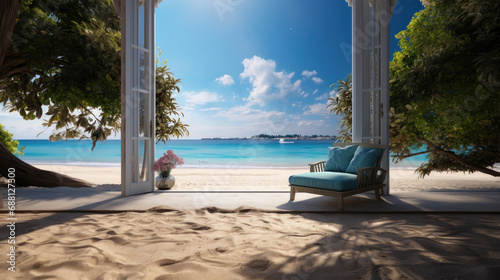 Wallpaper Mural Beautiful heaven door view of the beach with a blue armchair on the sand. Torontodigital.ca