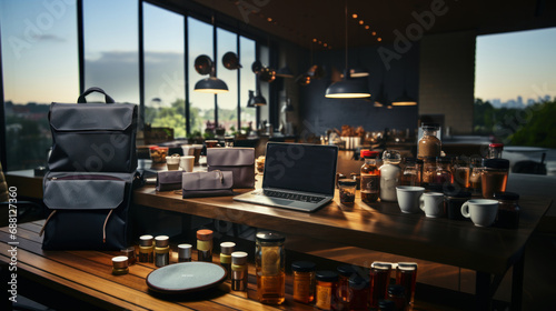 Shop interior with laptop, staff and coffee cup on wooden table for sale. © AS Photo Family