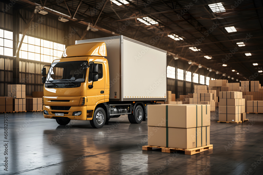 A modern truck is filled with shipping boxes in a warehouse bay, representing logistics and delivery, A modern truck is filled with shipping boxes in a warehouse bay, representing logistics and delivery,
