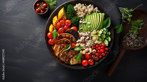 The buddha bowl dish has a top view that includes vegetables and legumes.