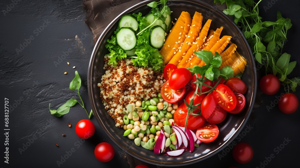 The buddha bowl dish has a top view that includes vegetables and legumes.