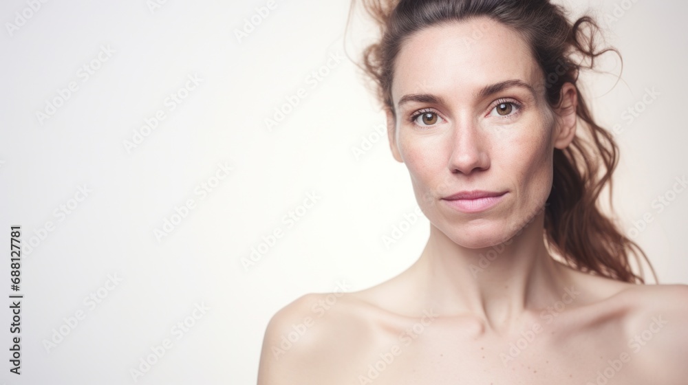 The camera zooms in on a Caucasian woman's face, capturing the nuances of her flawed skin against a light beige studio background. The camera zooms in on a Caucasian woman's face, capturing the nuances of her flawed skin against a light beige studio background.
