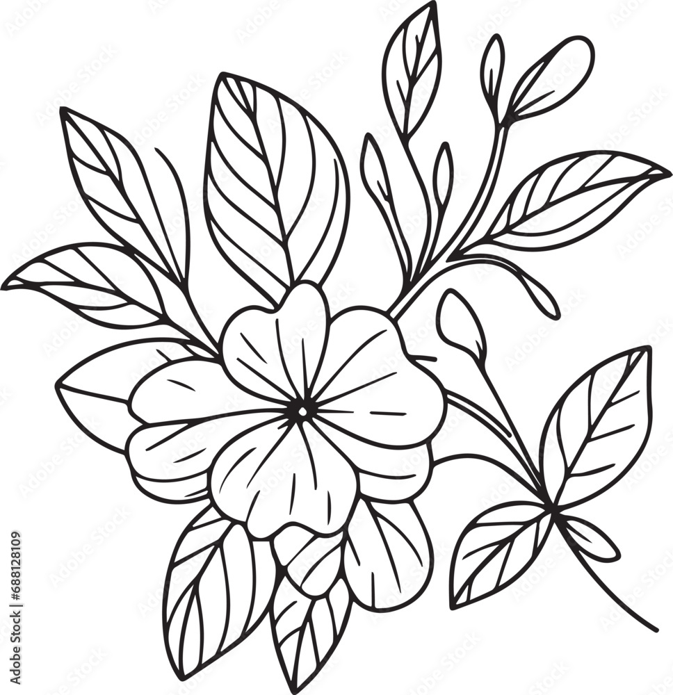 Flowers coloring pages, and book, Vector sketch of periwinkle flower drawing, Hand-drawn noyon tara, botanical leaf bud illustration engraved ink art style. Catharanthus flower sketch 