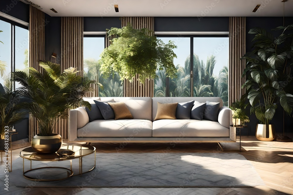 An elegant modern lounge in 3D rendering, showcasing a luxurious couch and a strategically placed plant to bring a touch of nature indoors.  - obrazy, fototapety, plakaty 