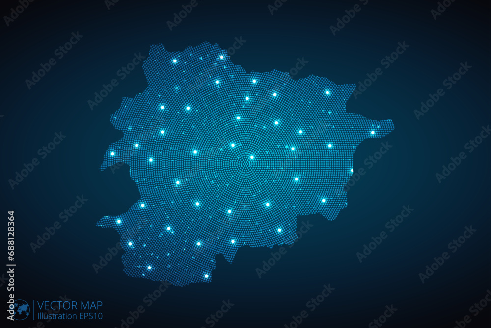 Andorra map radial dotted pattern in futuristic style, design blue circle glowing outline made of stars. concept of communication on dark blue background. Vector illustration EPS10